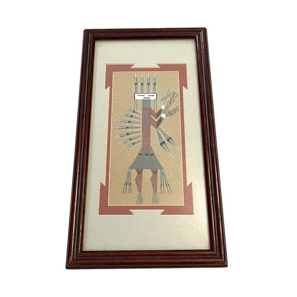 Framed Navajo Sand Art – “Female Yei” by L. Benally – 13 x 7” – Traditional Nati - Picture 1 of 3
